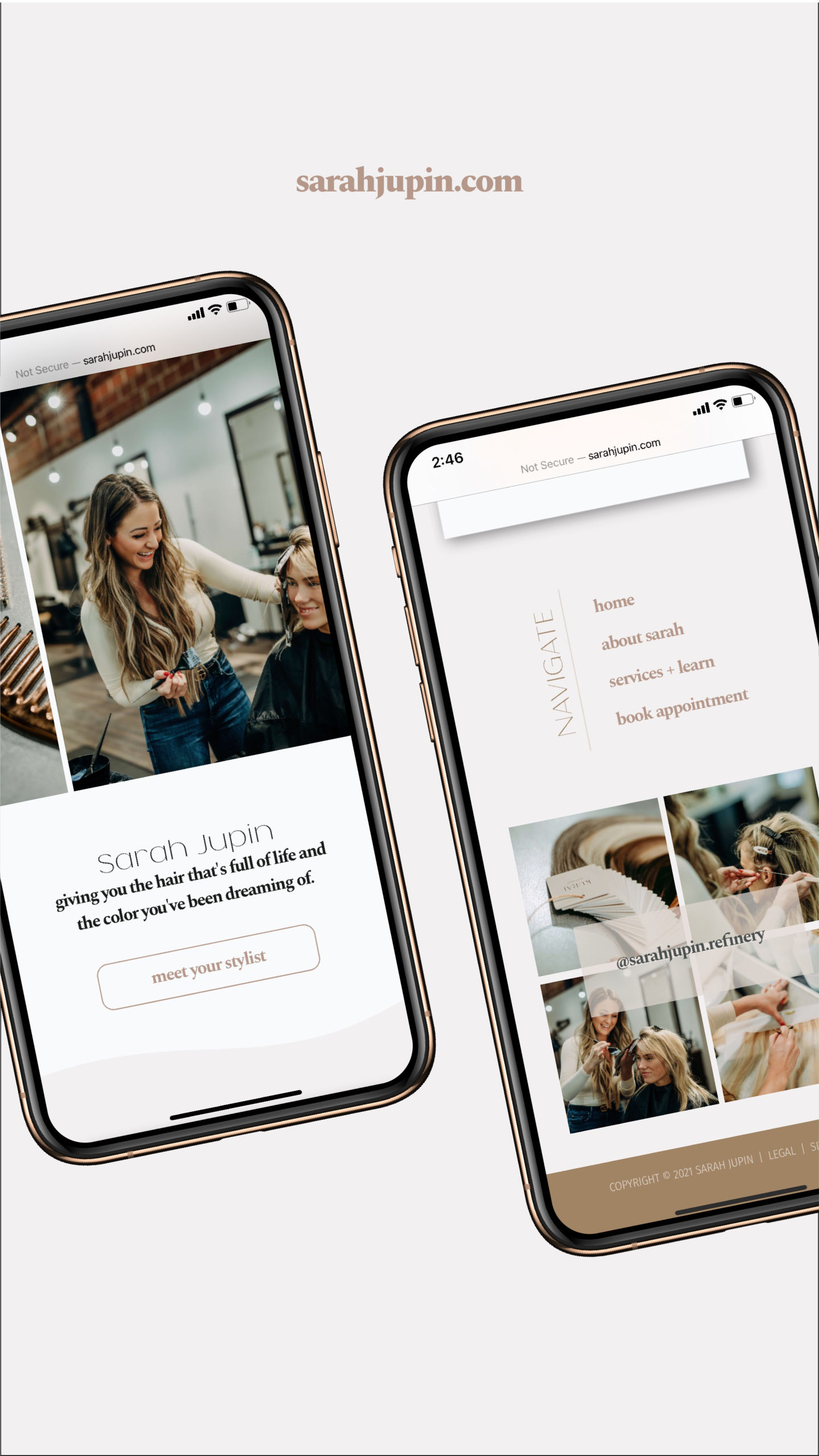 Two iPhones showing Website for IBE® Stylist Sarah Jupin